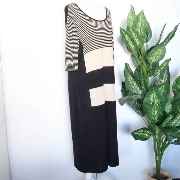 Marina Rinaldi Black Beige Viscose Wool Cashmere Striped Knit Shift Midi Dress - Picture 3 of 11